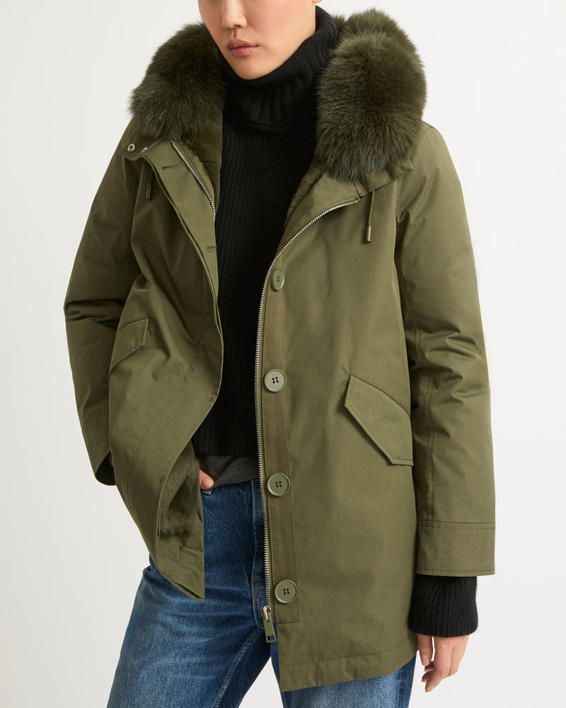 Short Iconic parka in waterproof cotton blend with fox and rabbit fur