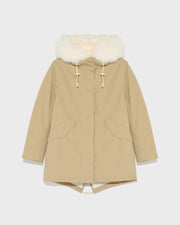 Short parka in waterproof cotton blend with fox and rabbit fur