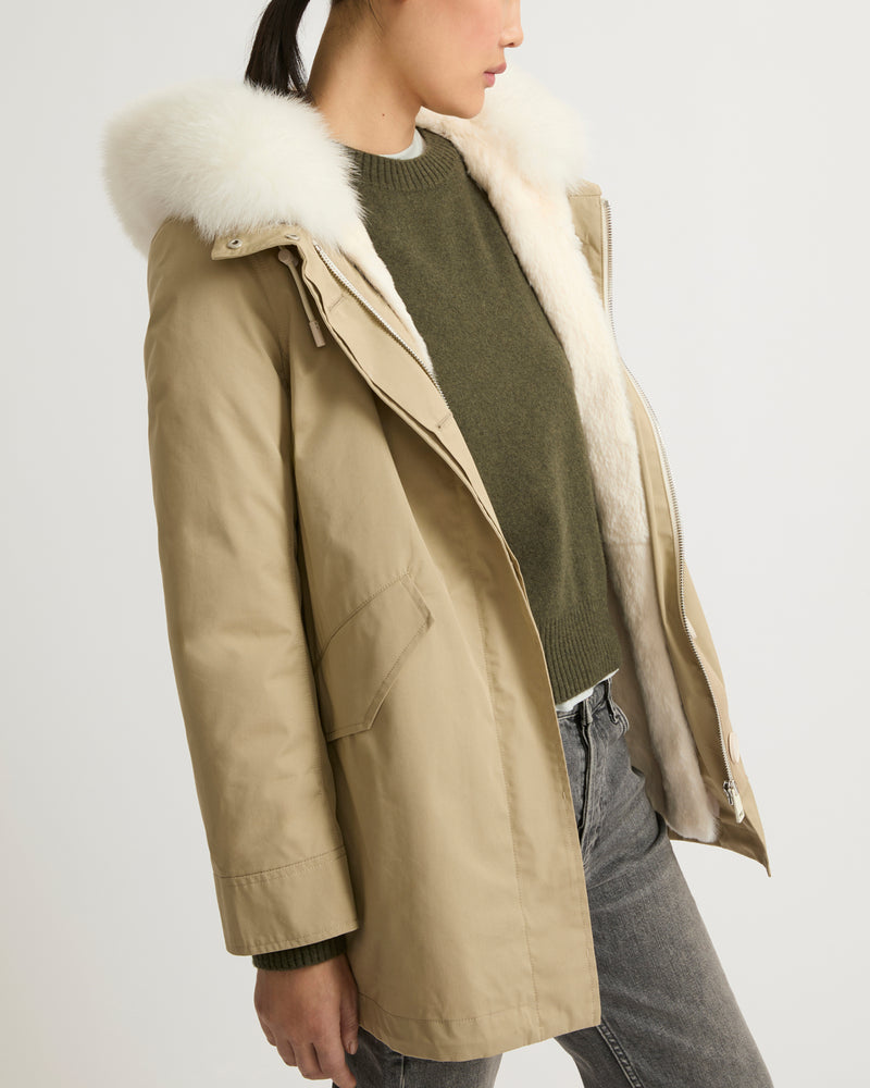 Short Iconic parka in waterproof cotton blend with fox and rabbit fur