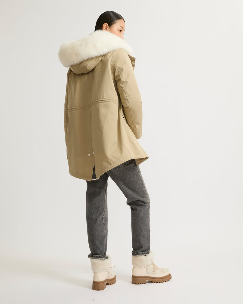 Short parka in waterproof cotton blend with fox and rabbit fur - beige - Yves Salomon