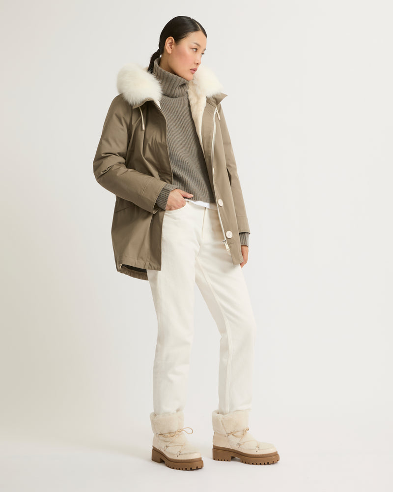 Short Iconic parka in waterproof cotton blend with fox and rabbit fur