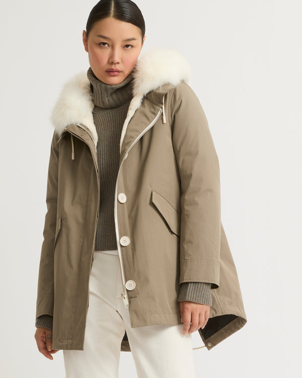 Short Iconic parka in waterproof cotton blend with fox and rabbit fur