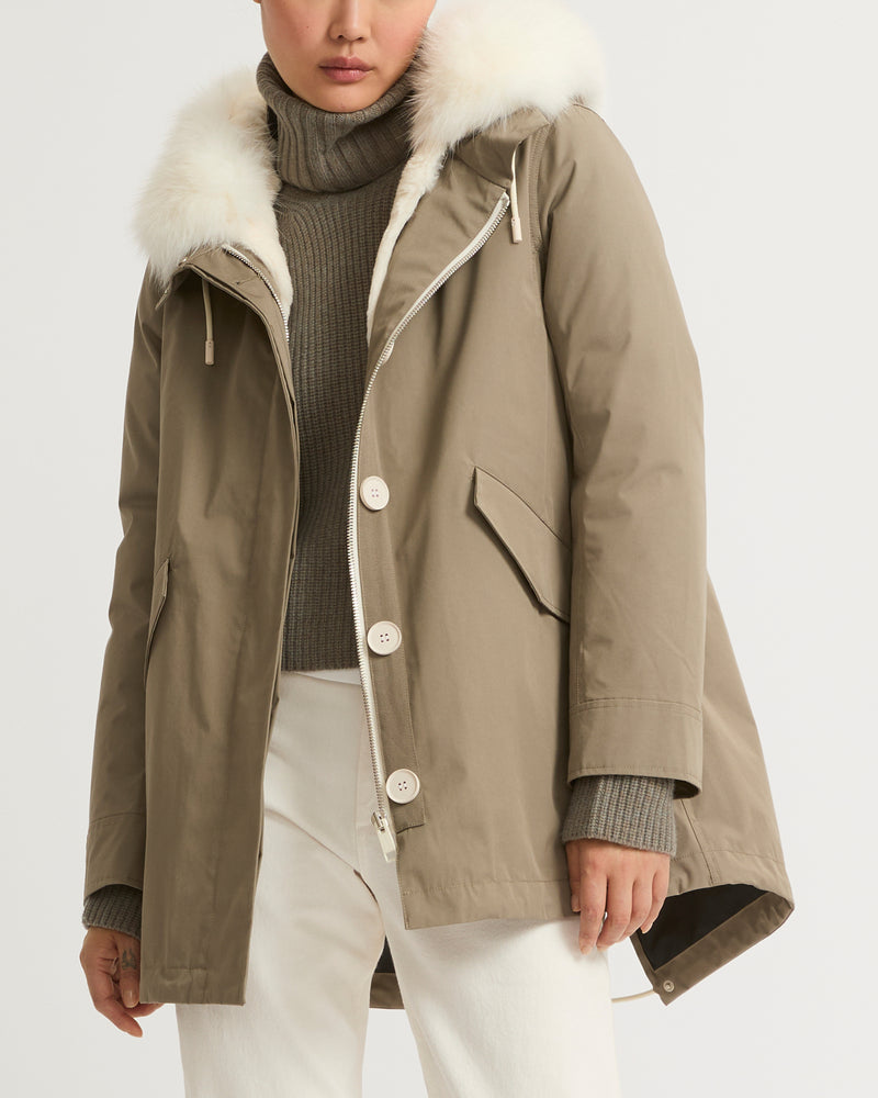 Short Iconic parka in waterproof cotton blend with fox and rabbit fur