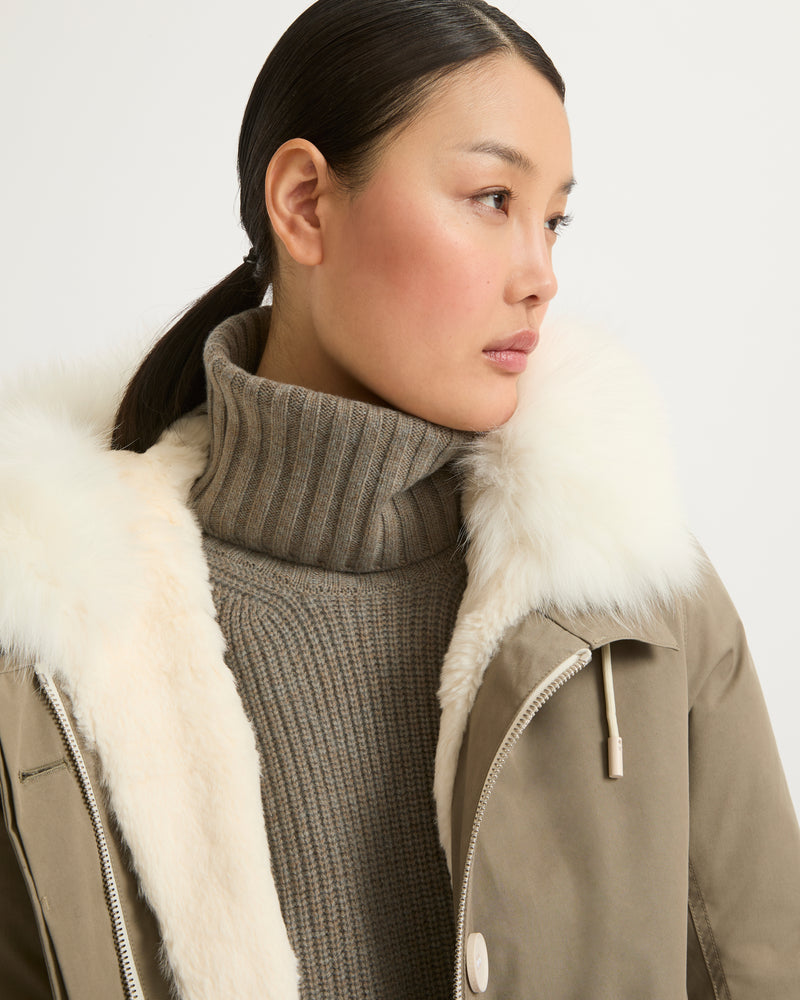 Short Iconic parka in waterproof cotton blend with fox and rabbit fur