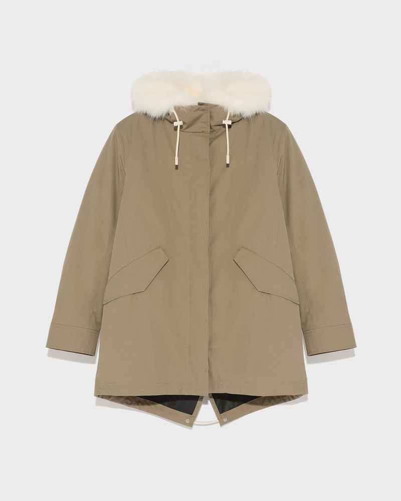 Short parka in waterproof cotton blend with fox and rabbit fur