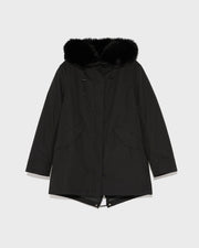 Short parka in waterproof cotton blend with fox and rabbit fur