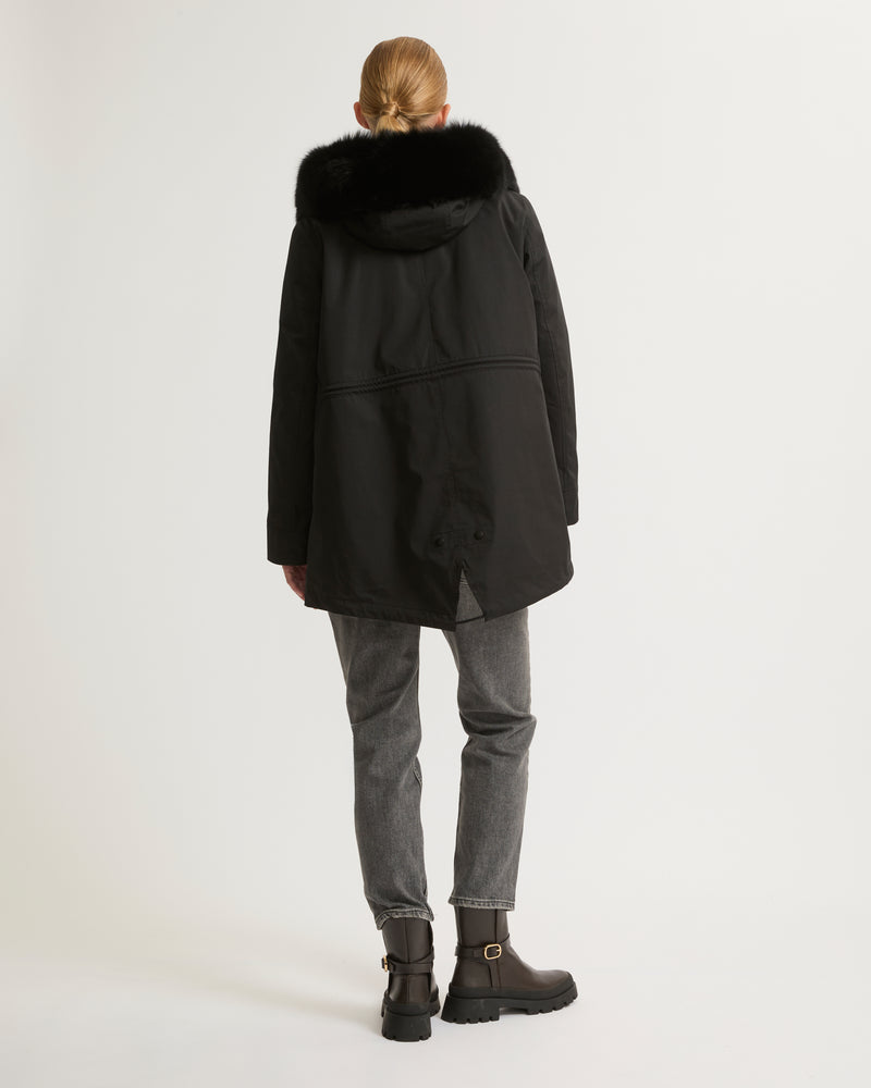 Short parka in waterproof cotton blend with fox and rabbit fur - black - Yves Salomon