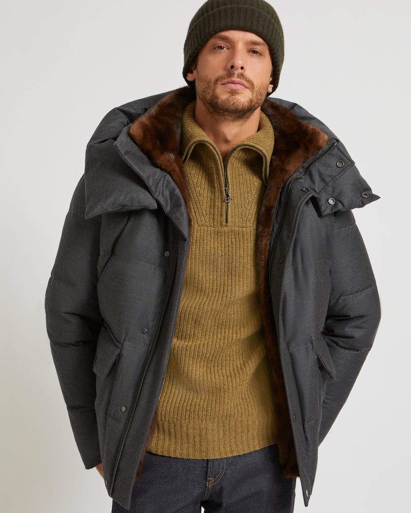 Hooded Short Down Jacket in waterproof Loro Piana Fabric with mink fur collar