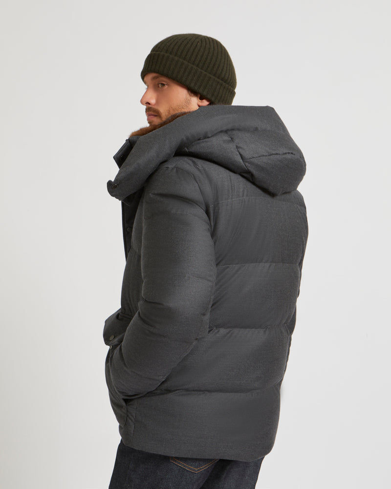 Hooded Short Down Jacket in waterproof Loro Piana Fabric with mink fur collar