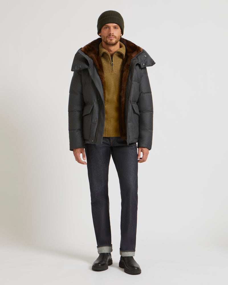 Hooded Short Down Jacket in waterproof Loro Piana Fabric with mink fur collar