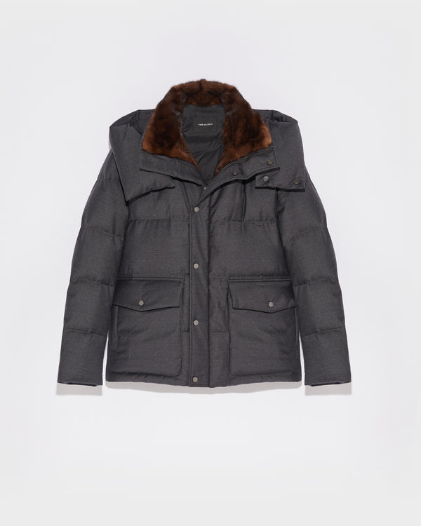 Hooded Short Down Jacket in waterproof Loro Piana Fabric with mink fur collar