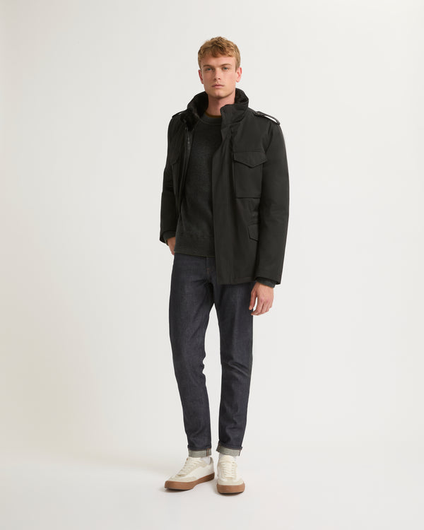 Technical Gabardine Field Jacket With Mink Collar - black - Yves Salomon