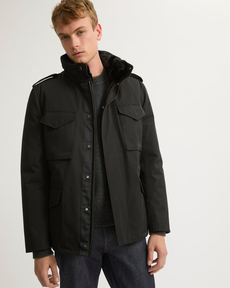 Technical Gabardine Field Jacket With Mink Collar - black - Yves Salomon