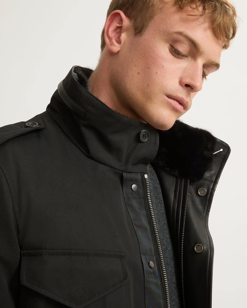 Technical Gabardine Field Jacket With Mink Collar - black - Yves Salomon