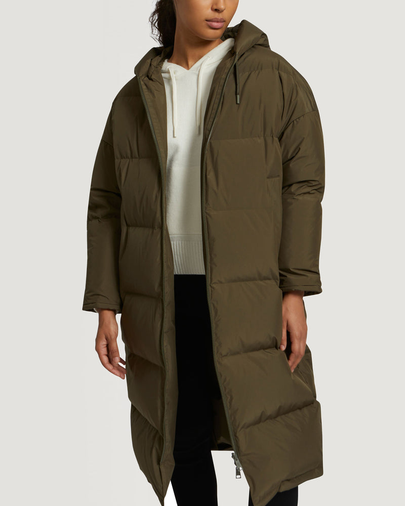 Long reversible hooded down jacket in waterproof technical fabric