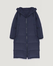 Long reversible hooded down jacket in waterproof technical fabric