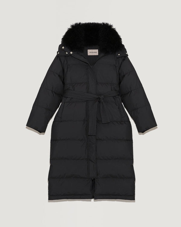 Long belted hooded down jacket with cashmere goat wool collar-Yves Salomon-Winter sale & boxing day