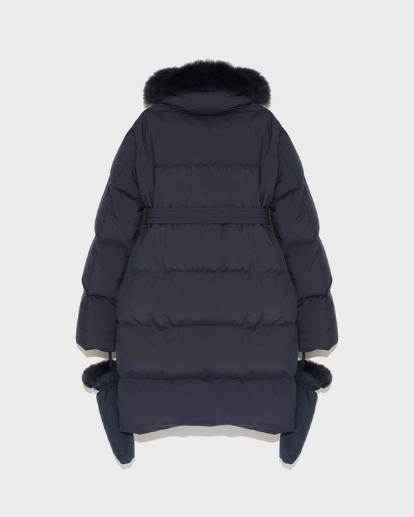 Belted down jacket in waterproof technical fabric with fox and rabbit fur - navy - Yves Salomon