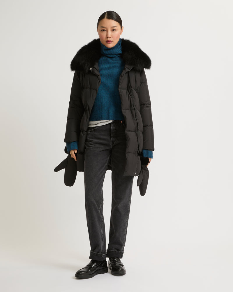 Belted down jacket in waterproof technical fabric with fox and rabbit fur - black - Yves Salomon