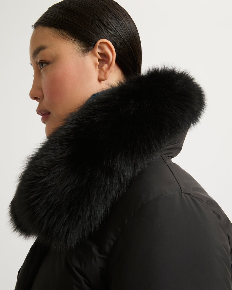 Belted down jacket in waterproof technical fabric with fox and rabbit fur - black - Yves Salomon