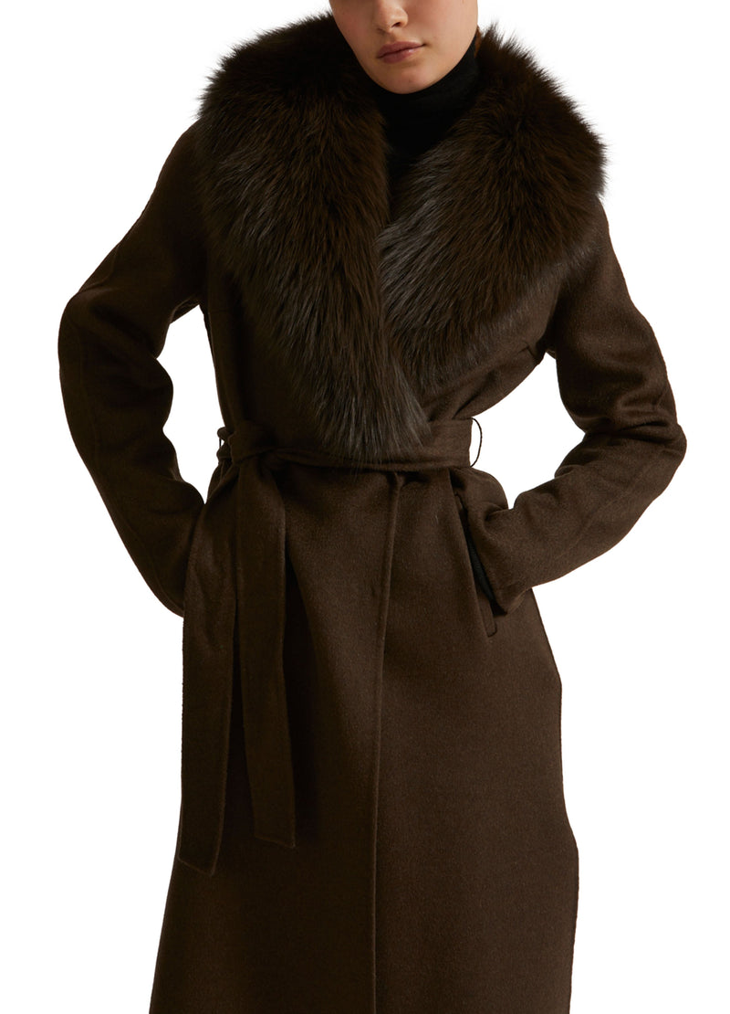 Belted coat in cashmere wool with fox fur collar and lapel