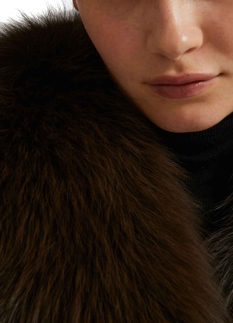 Belted coat in cashmere wool with fox fur collar and lapel