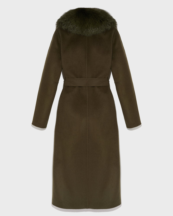 Belted coat in cashmere wool with fox fur collar and lapel - khaki - Yves Salomon