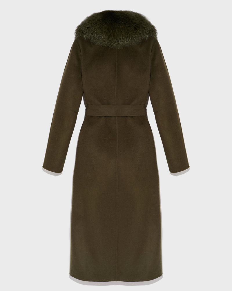 coat in cashmere wool with fox fur collar and lapel - khaki - Yves Salomon