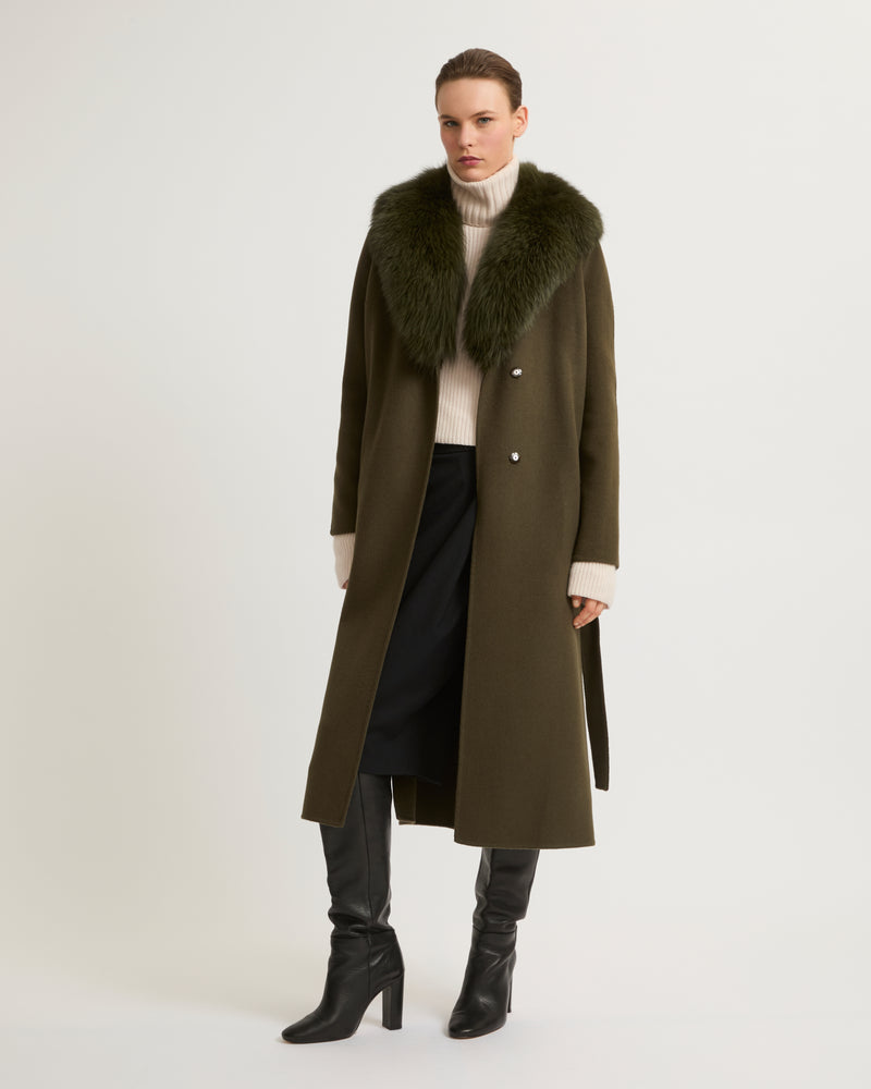 coat in cashmere wool with fox fur collar and lapel - khaki - Yves Salomon