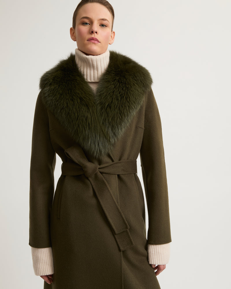 coat in cashmere wool with fox fur collar and lapel - khaki - Yves Salomon