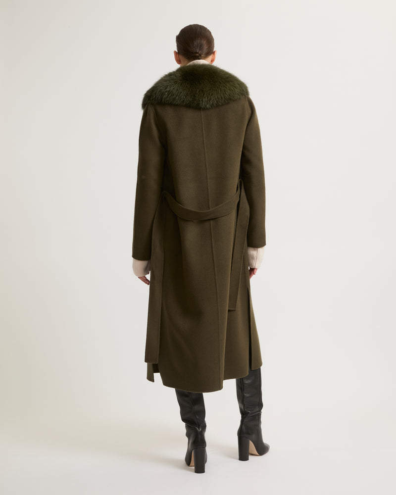 coat in cashmere wool with fox fur collar and lapel - khaki - Yves Salomon