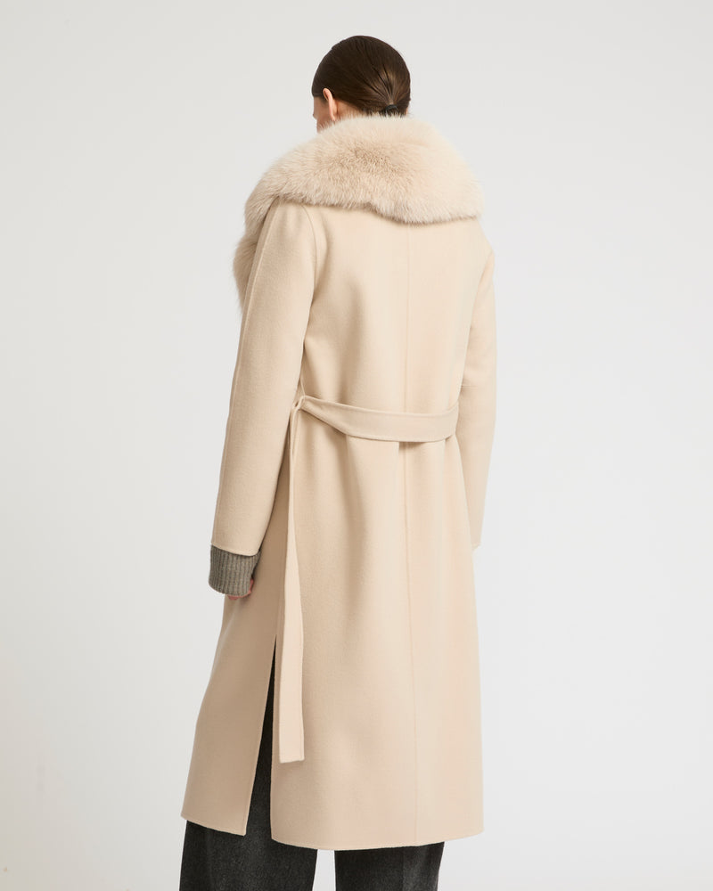 Belted coat in cashmere wool with fox fur collar and lapel - beige - Yves Salomon