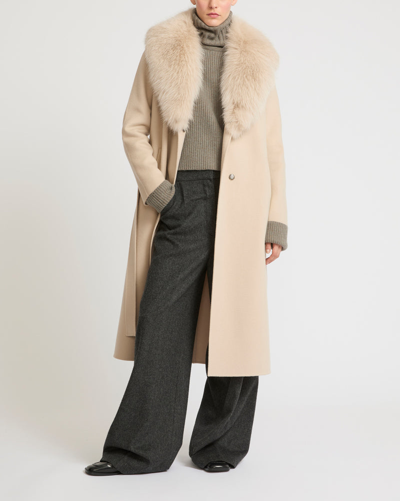 Belted coat in cashmere wool with fox fur collar and lapel