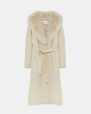 Belted coat in cashmere wool with fox fur collar and lapel