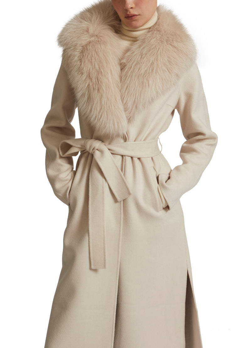 Belted coat in cashmere wool with fox fur collar and lapel