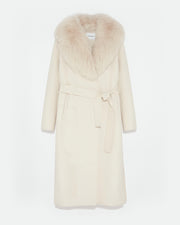 Belted coat in cashmere wool with fox fur collar and lapel