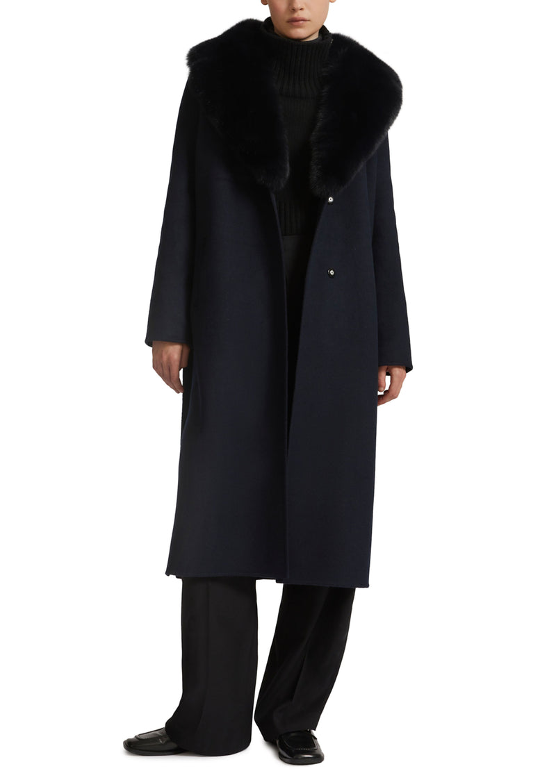 Belted coat in cashmere wool with fox fur collar and lapel