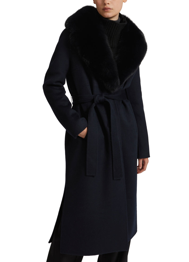 Belted coat in cashmere wool with fox fur collar and lapel