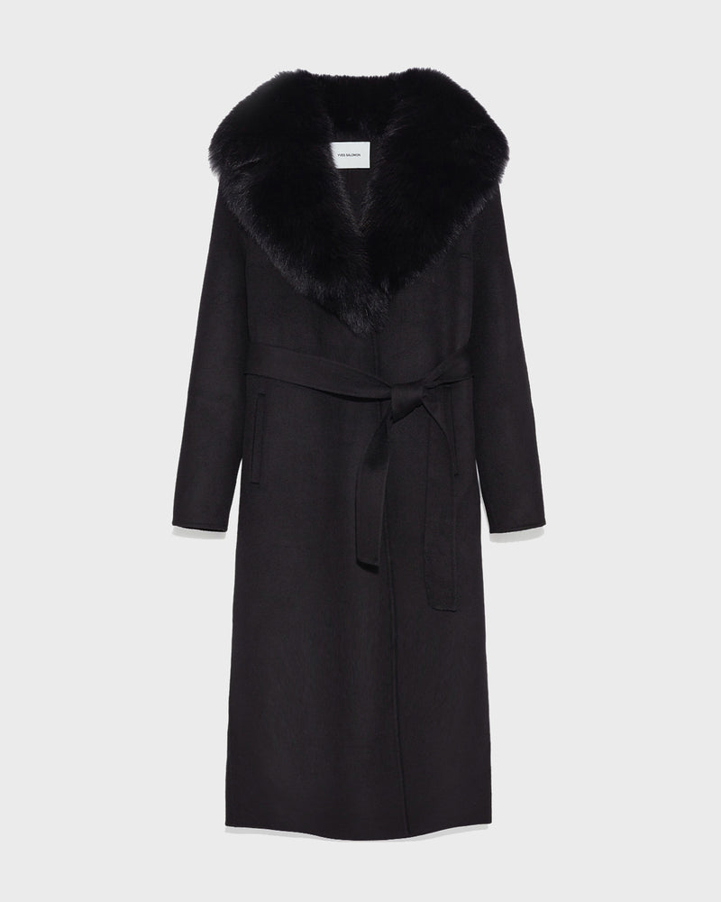 Belted coat in cashmere wool with fox fur collar and lapel