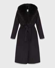 Belted coat in cashmere wool with fox fur collar and lapel