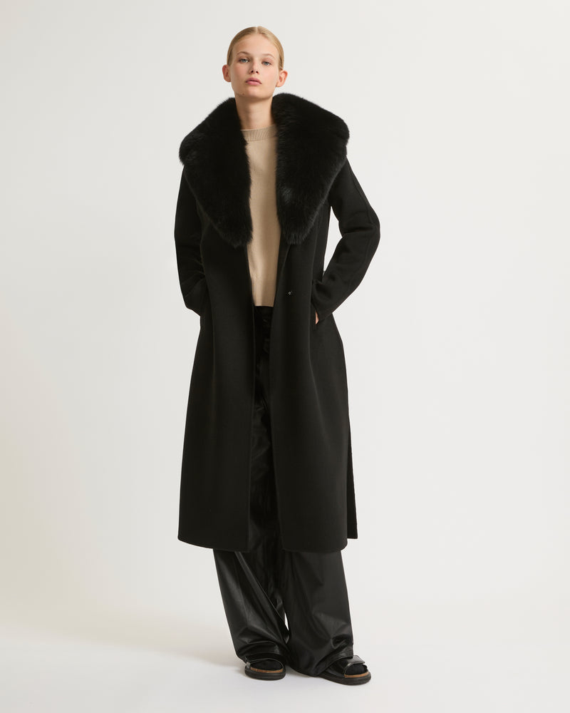 Belted coat in cashmere wool with fox fur collar and lapel - black - Yves Salomon