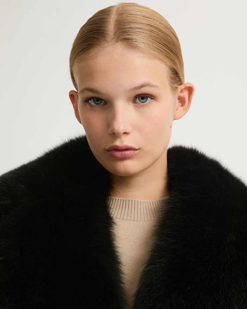 Belted coat in cashmere wool with fox fur collar and lapel - black - Yves Salomon