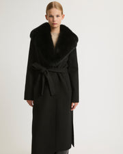 Belted coat in cashmere wool with fox fur collar and lapel