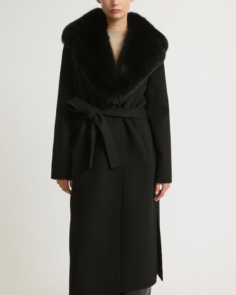 Belted coat in cashmere wool with fox fur collar and lapel