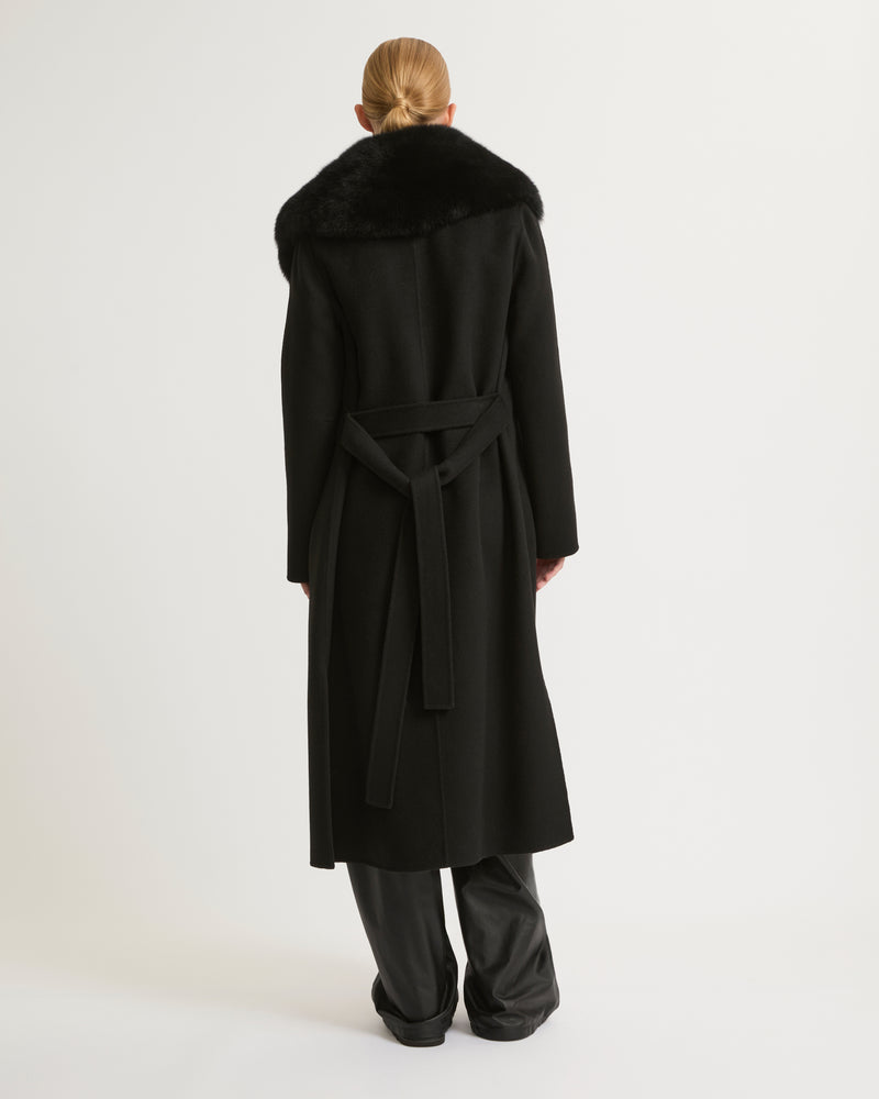 Belted coat in cashmere wool with fox fur collar and lapel