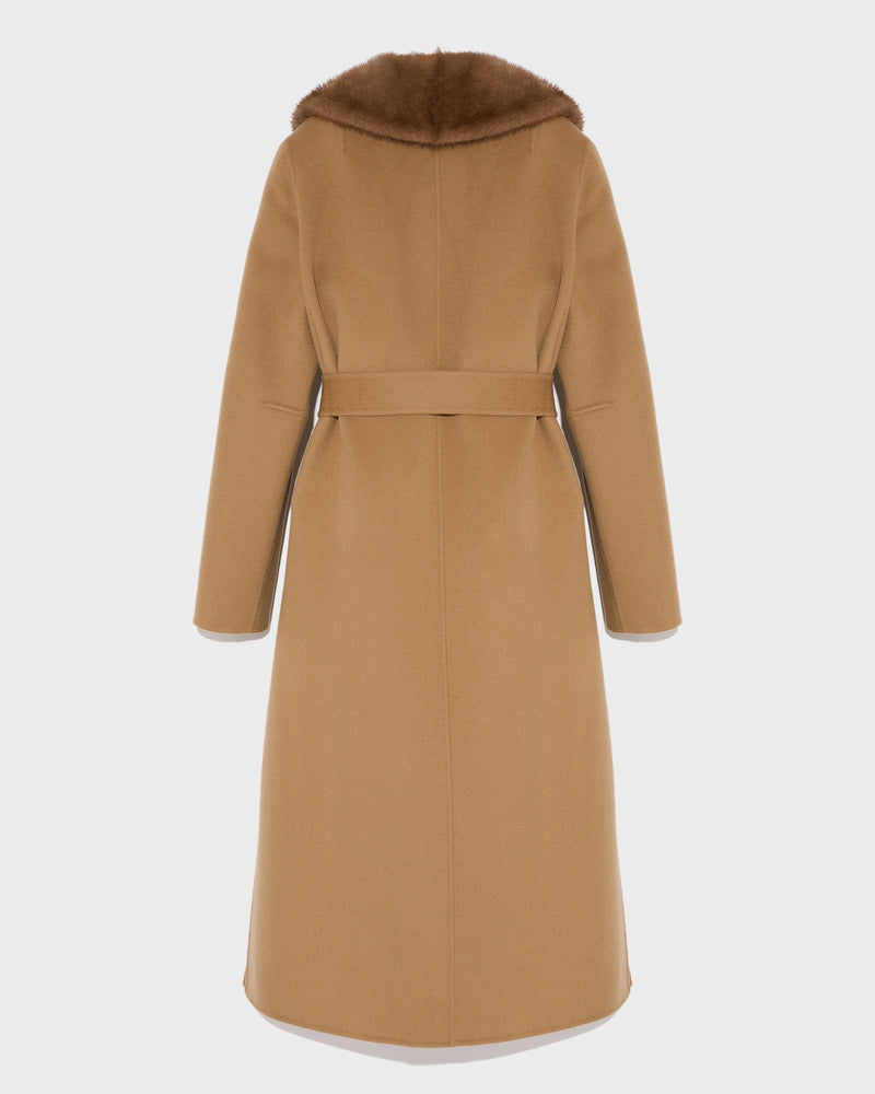 Belted coat in cashmere wool with mink fur collar and over-pockets - camel - Yves Salomon