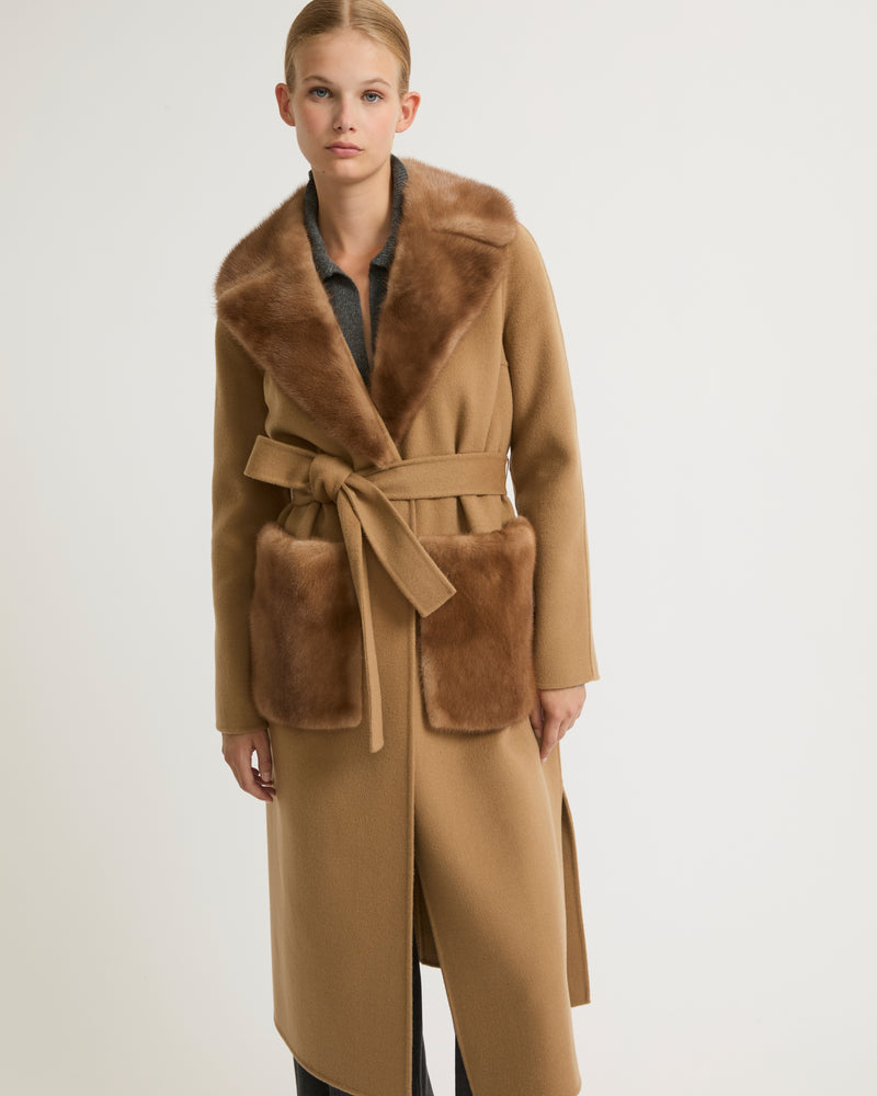 Belted coat in cashmere wool with mink fur- toast - Yves Salomon