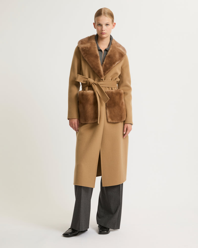 Belted coat in cashmere wool with mink fur- toast - Yves Salomon