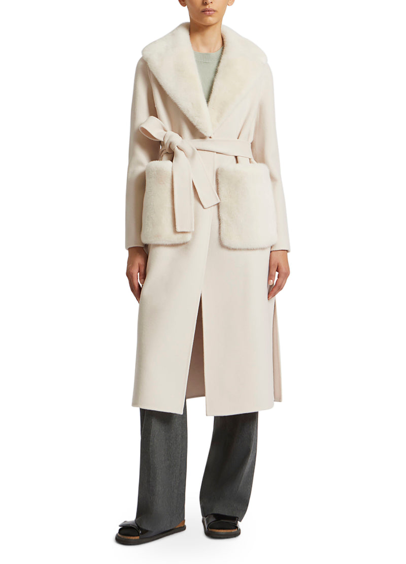 Belted coat in cashmere wool with mink fur collar and over-pockets