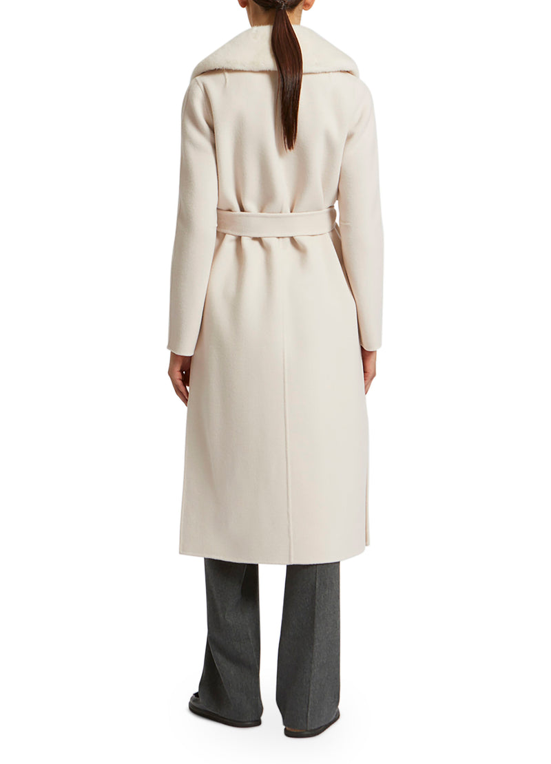 Belted coat in cashmere wool with mink fur collar and over-pockets